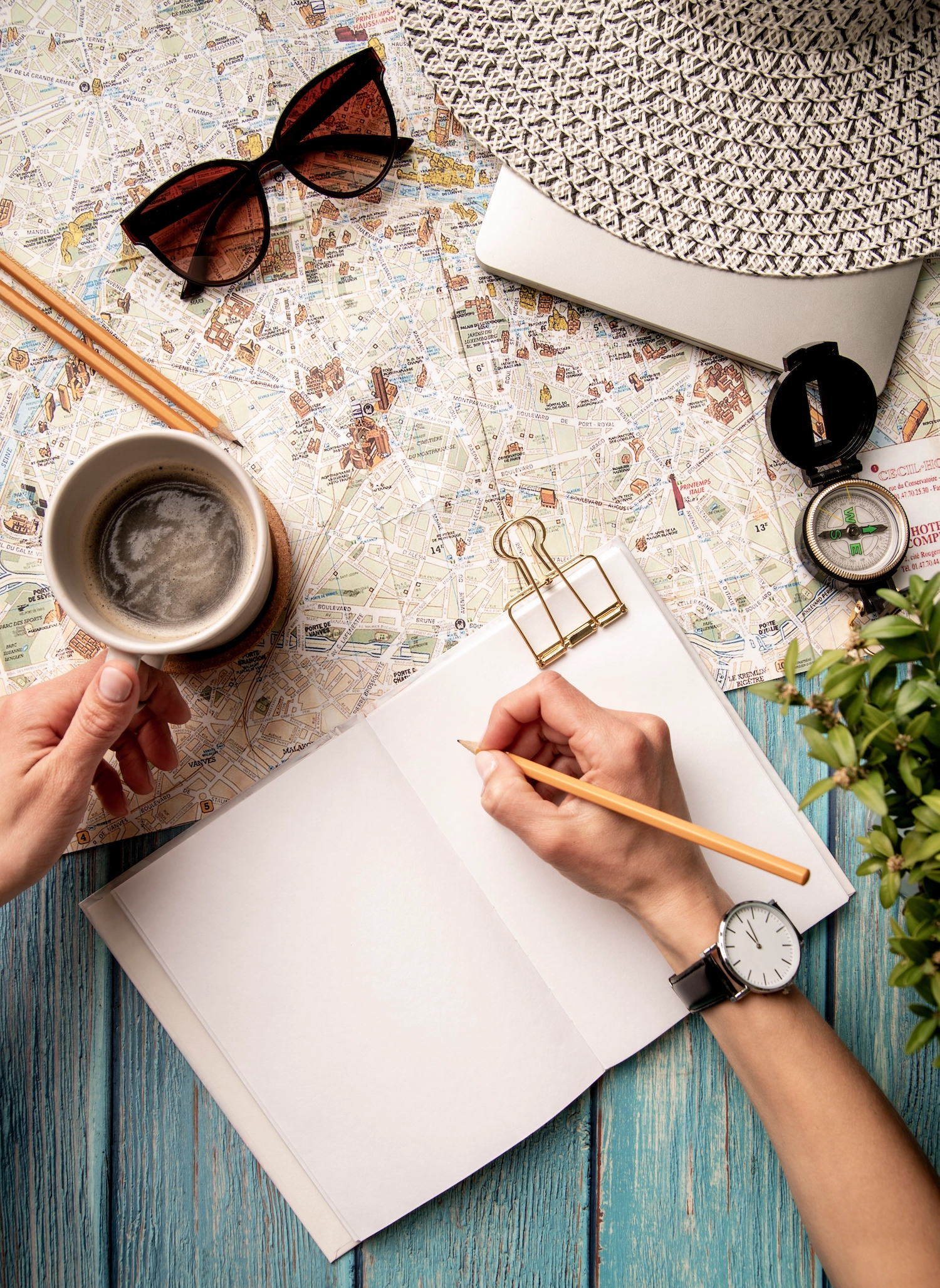Travel planning workspace with maps and itineraries